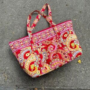 Y2K Paisley Quilted Tote Bag Red Zippered Pockets Duffle Retro Boho Hippie